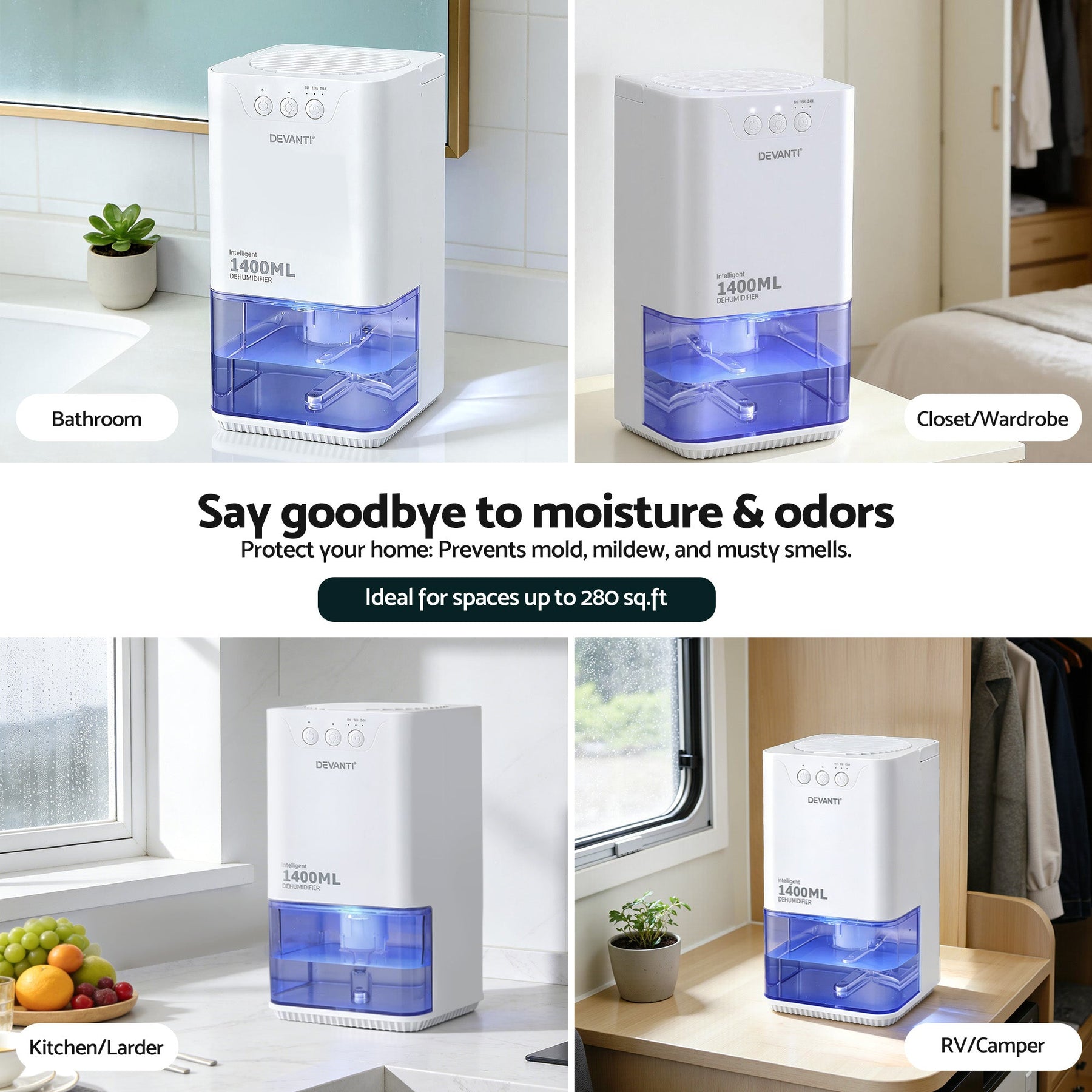 Devanti 1400ML Portable Dehumidifier Quiet Sleep Mode Timer Auto Off Bedroom White - SportZone.co.nz