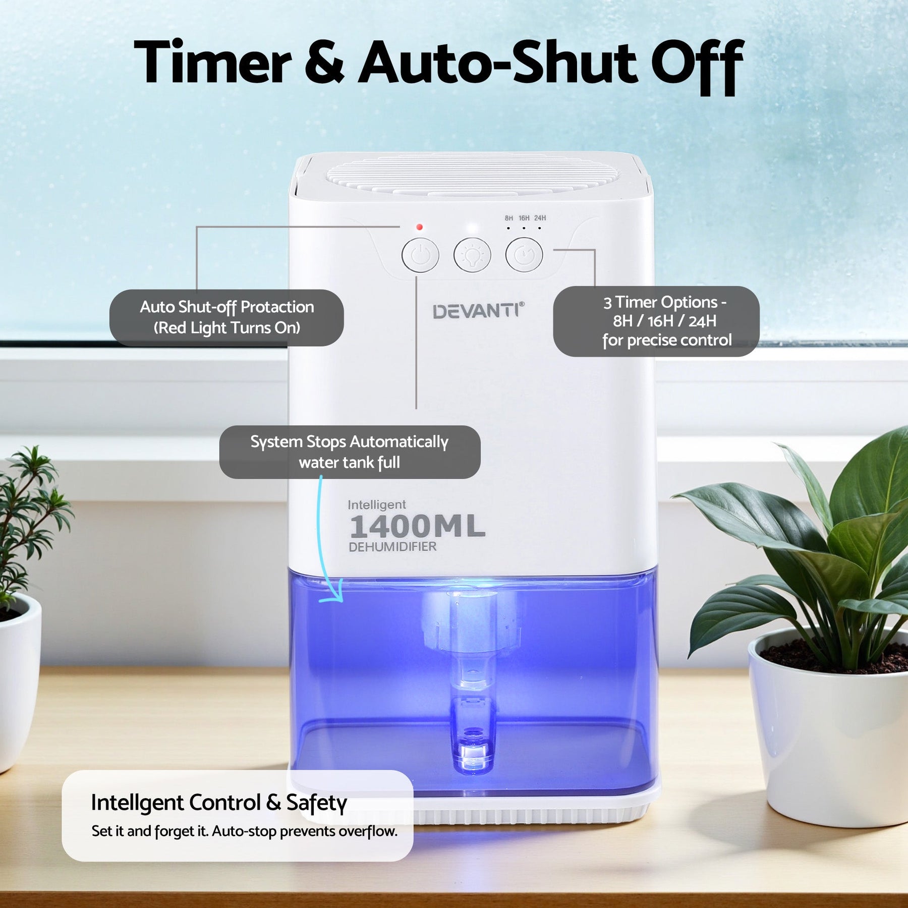 Devanti 1400ML Portable Dehumidifier Quiet Sleep Mode Timer Auto Off Bedroom White - SportZone.co.nz
