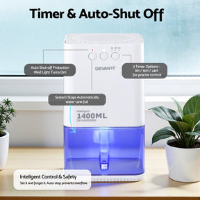 Devanti 1400ML Portable Dehumidifier Quiet Sleep Mode Timer Auto Off Bedroom White - SportZone.co.nz