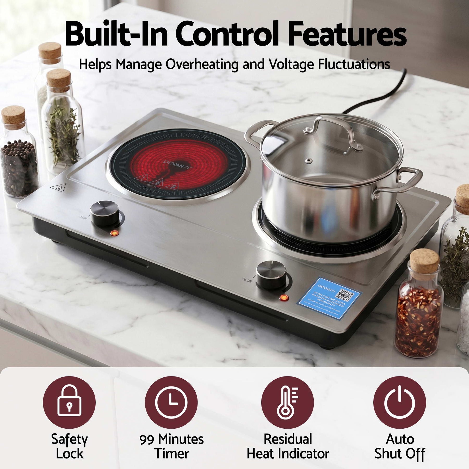 Devanti 2 Hobs Ceramic Cooktop Electric Hot Plate Infrared Knob Control 2400W - SportZone.co.nz