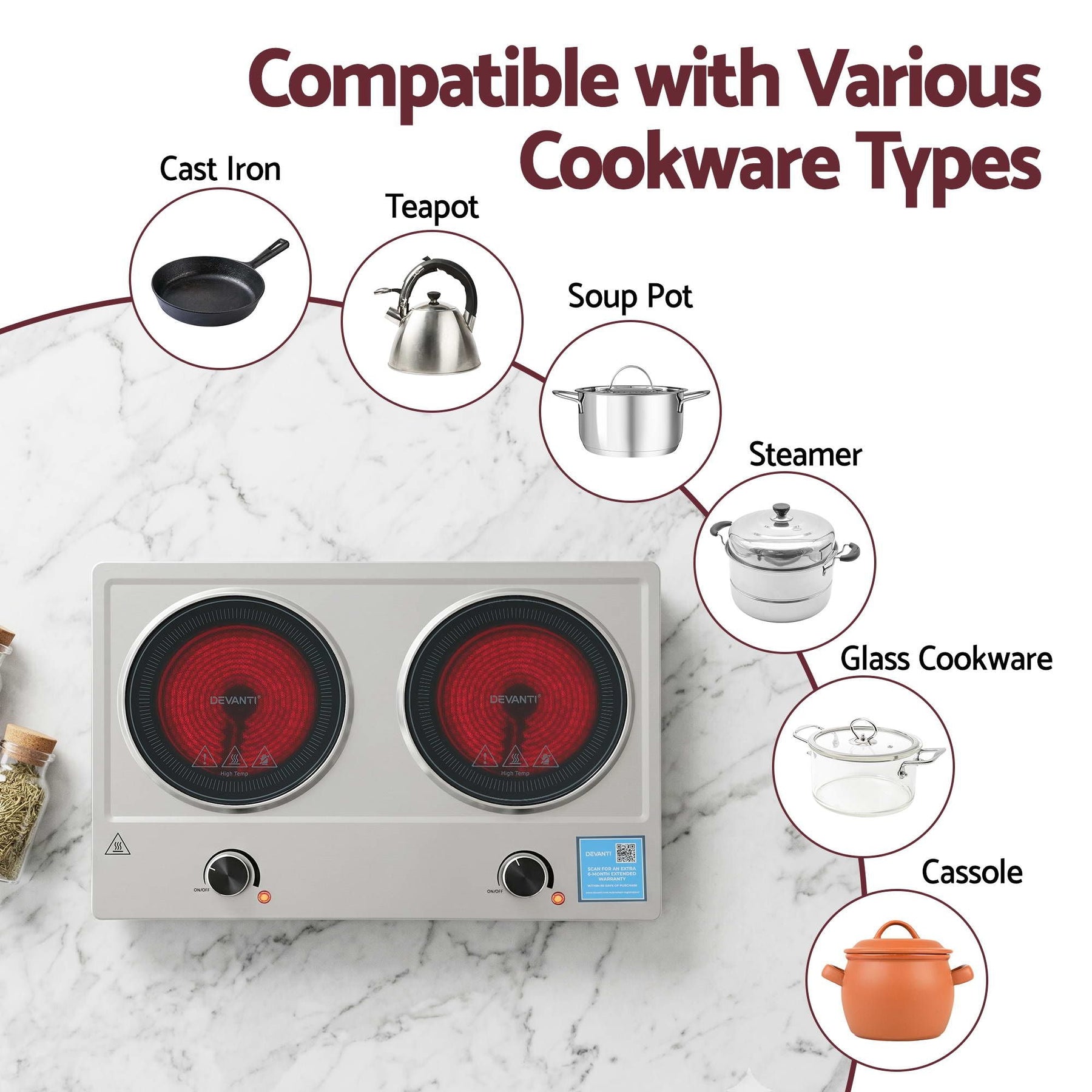 Devanti 2 Hobs Ceramic Cooktop Electric Hot Plate Infrared Knob Control 2400W - SportZone.co.nz
