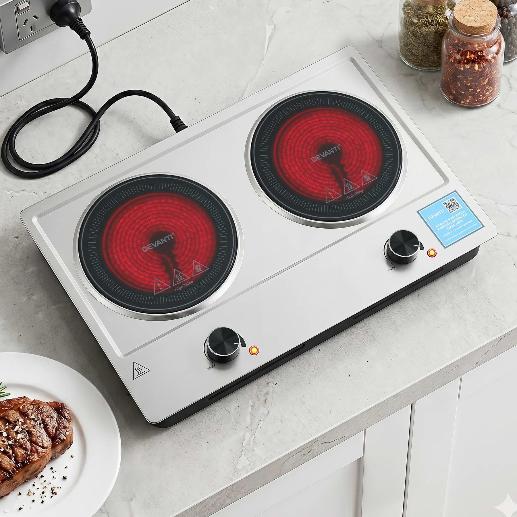 Devanti 2 Hobs Ceramic Cooktop Electric Hot Plate Infrared Knob Control 2400W - SportZone.co.nz