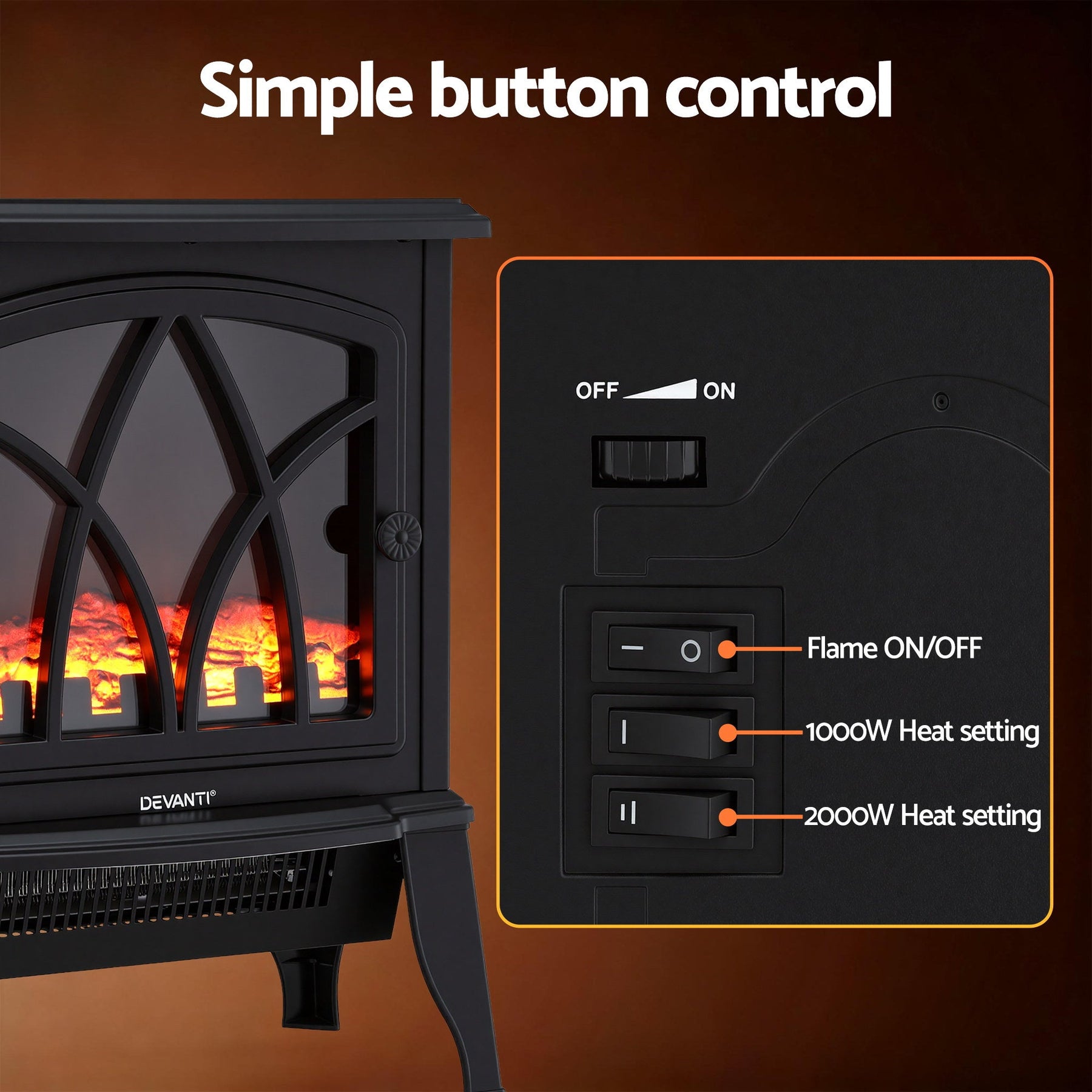 Devanti 2000W Electric Fireplace Heater Stove Freestanding 3D Flame Effect Indoor Space Heaters - SportZone.co.nz
