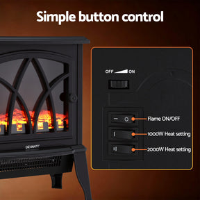 Devanti 2000W Electric Fireplace Heater Stove Freestanding 3D Flame Effect Indoor Space Heaters - SportZone.co.nz
