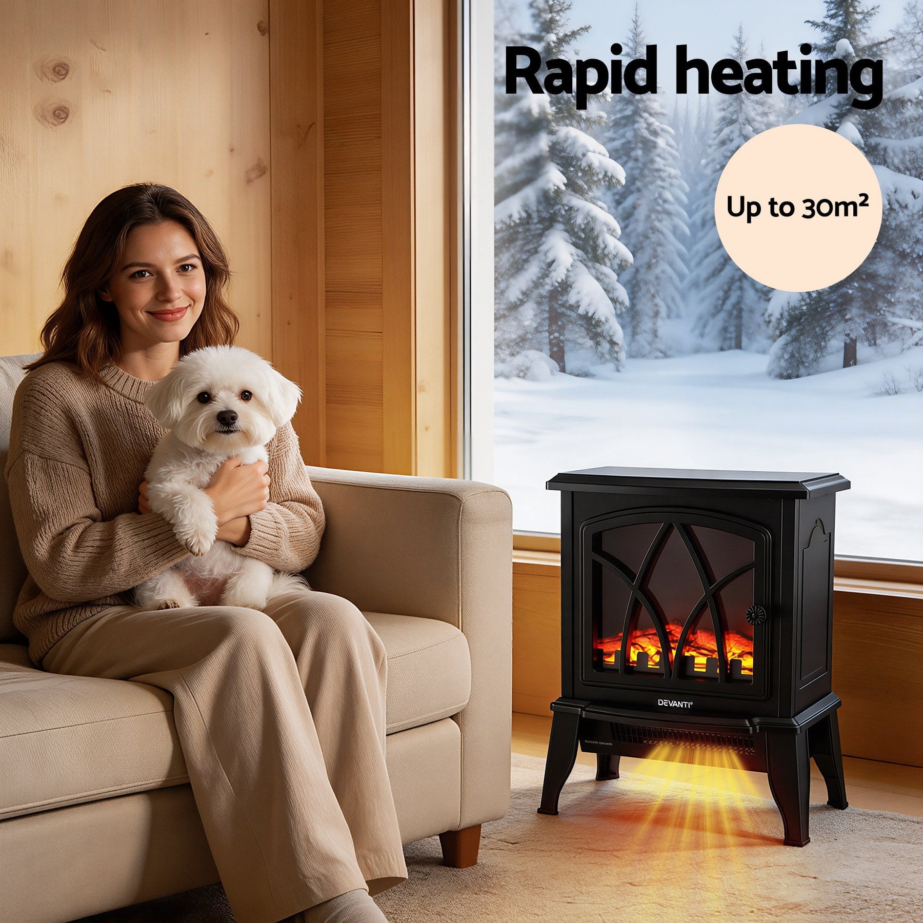 Devanti 2000W Electric Fireplace Heater Stove Freestanding 3D Flame Effect Indoor Space Heaters - SportZone.co.nz
