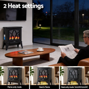 Devanti 2000W Electric Fireplace Heater Stove Freestanding 3D Flame Effect Indoor Space Heaters - SportZone.co.nz