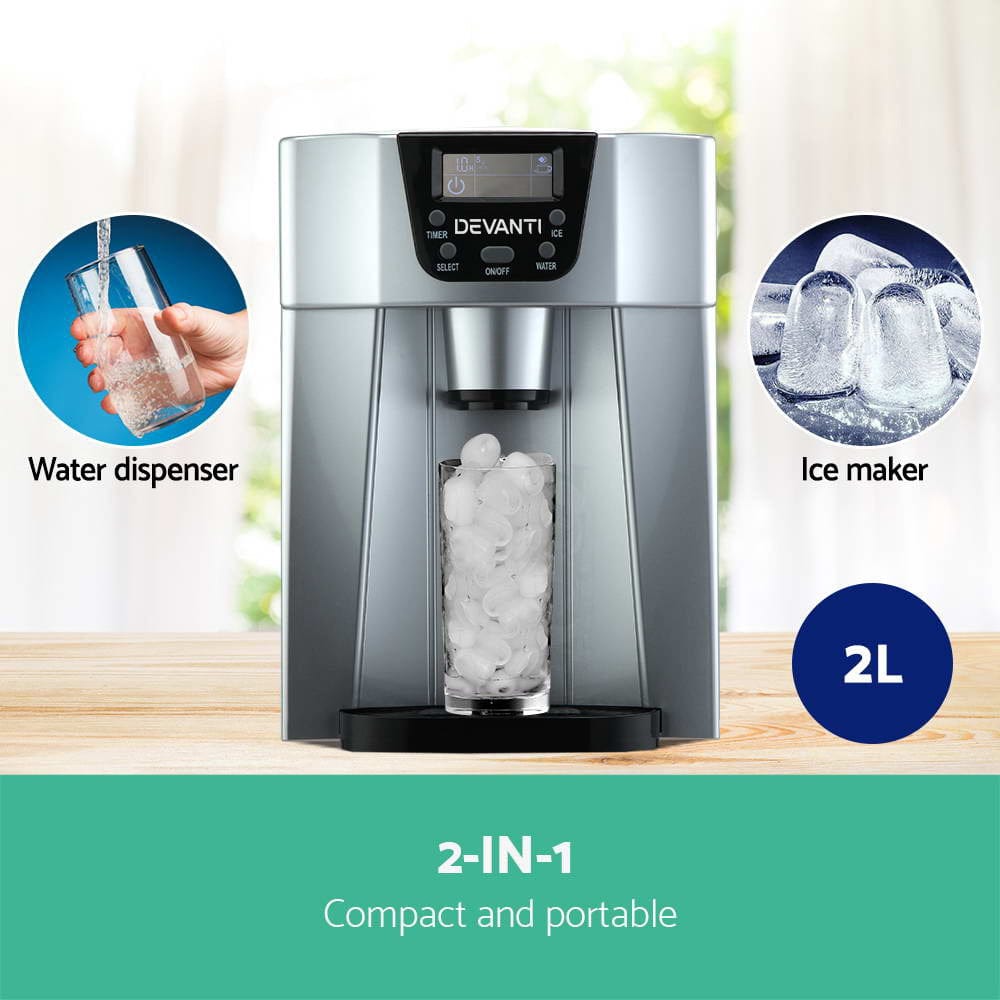 Devanti 2L Portable Ice Cuber Maker & Water Dispenser - Silver - SportZone.co.nz