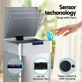 Devanti 50L Motion Sensor Bin Rubbish Bins Kitchen Automatic Trash Can Silver - SportZone.co.nz