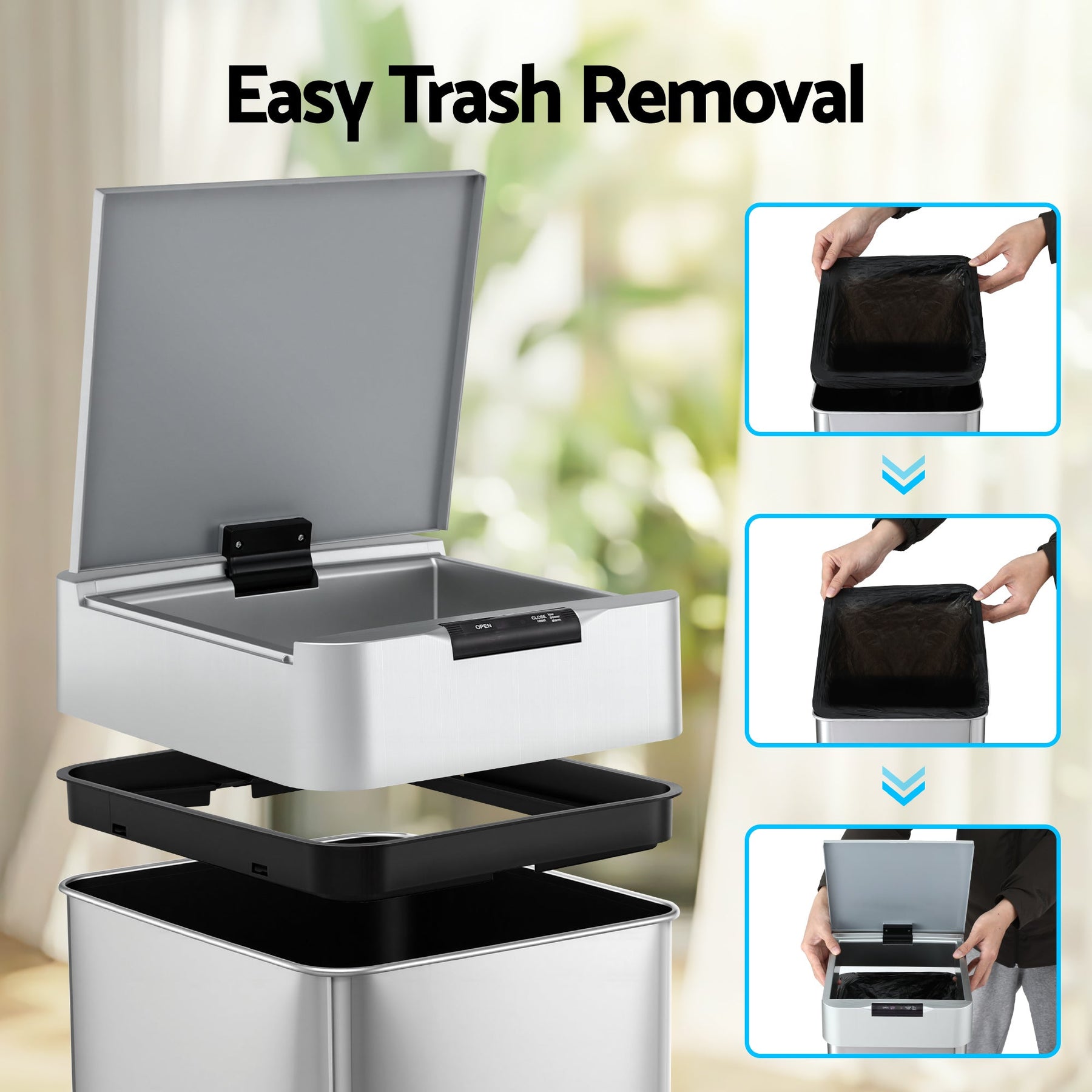 Devanti 50L Motion Sensor Bin Rubbish Bins Kitchen Automatic Trash Can Silver - SportZone.co.nz