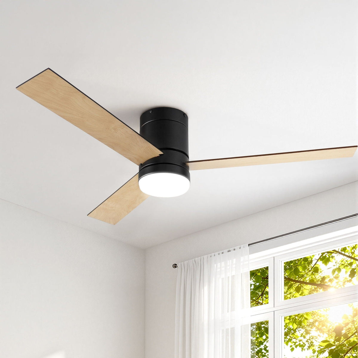 Devanti 52'' Ceiling Fan 3 Blades Double - sided DC Motor w/Light w/Remote Light Wood and bLack - SportZone.co.nz