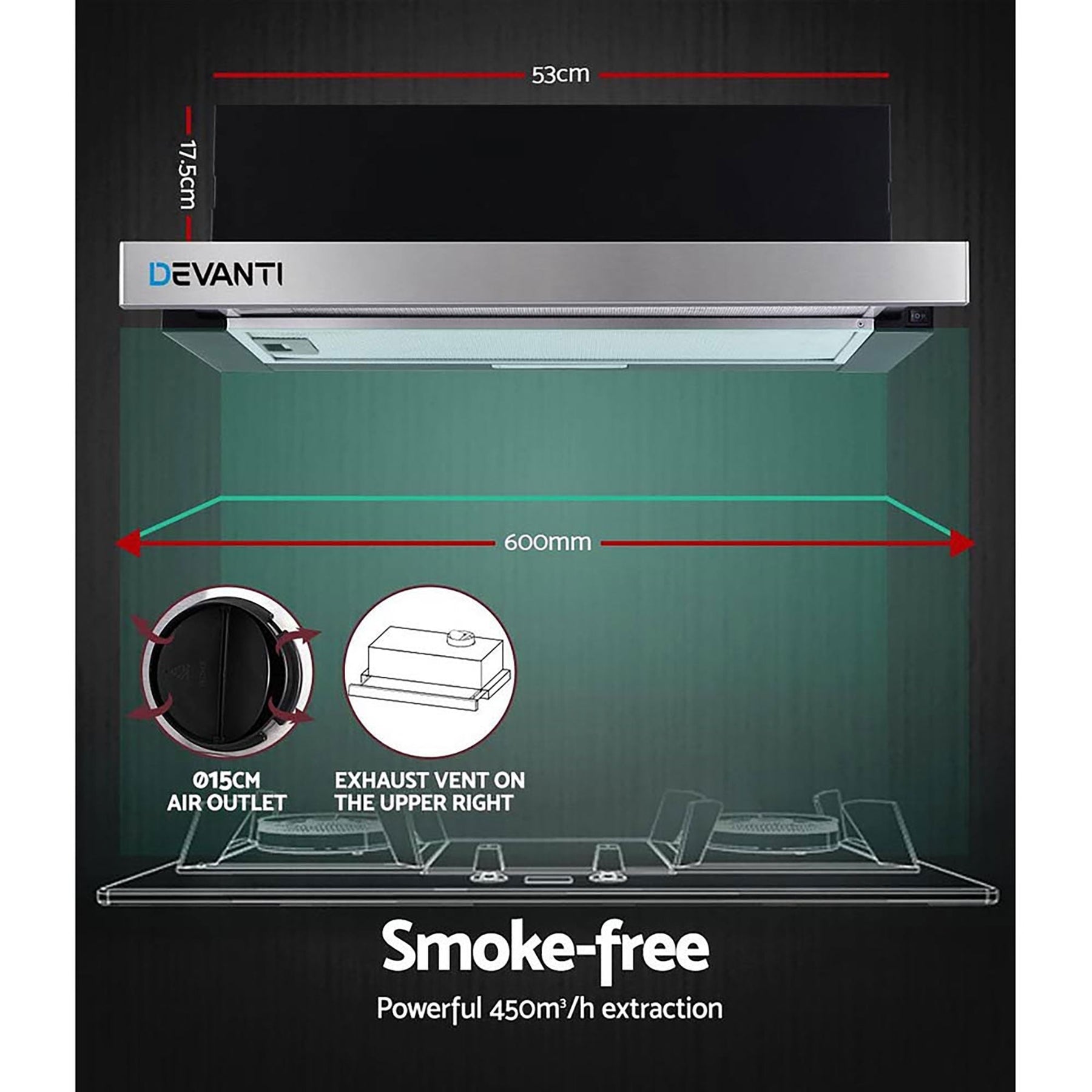 Devanti 600mm Range Hood 60cm Slide out Rangehood Stainless Steel - SportZone.co.nz