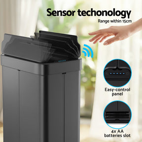 Devanti 70L Automatic Sensor Kitchen Bin – Touchless Smart Rubbish Bin - Black - SportZone.co.nz
