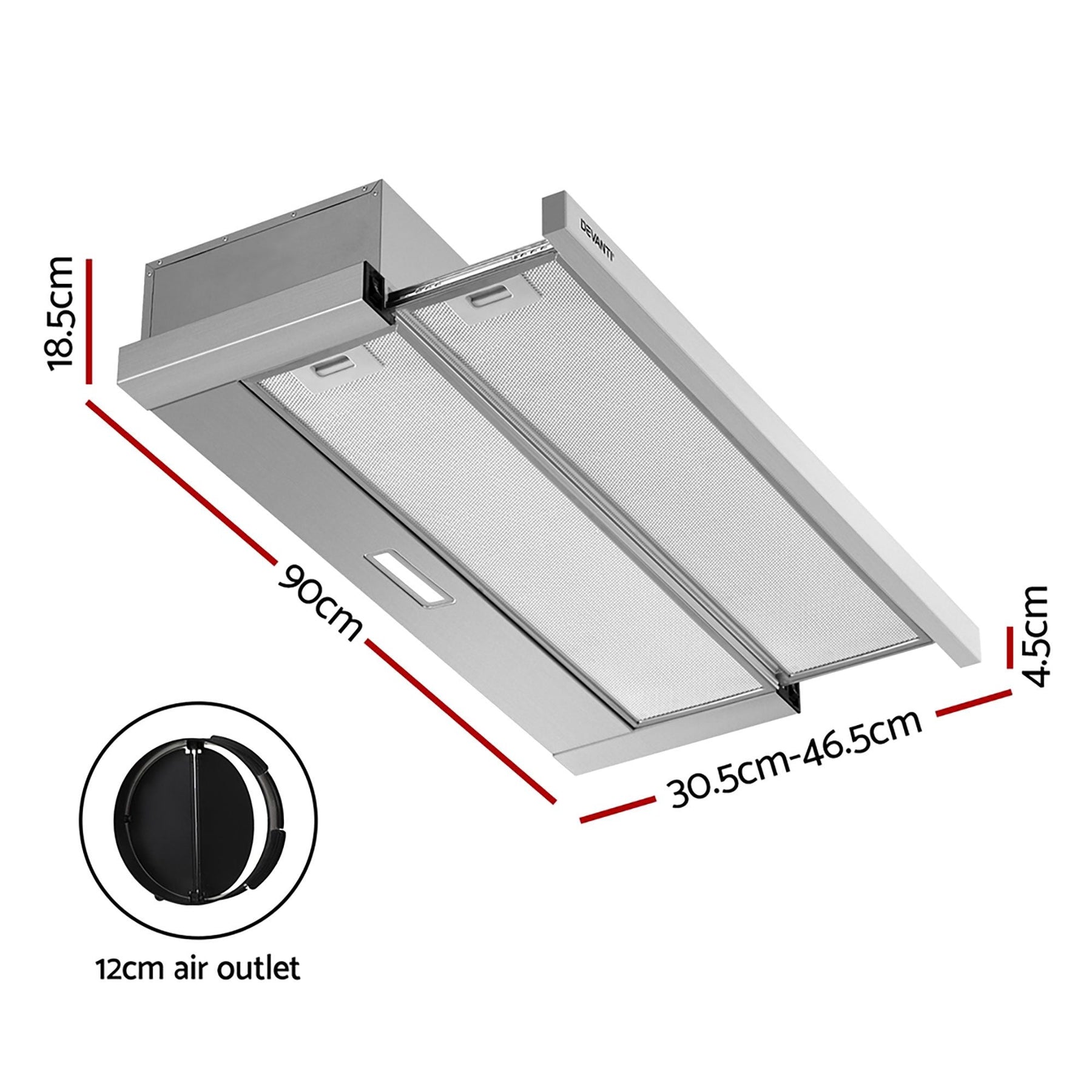 Devanti 900mm Range Hood 90cm Slide out Rangehood Stainless Steel - SportZone.co.nz