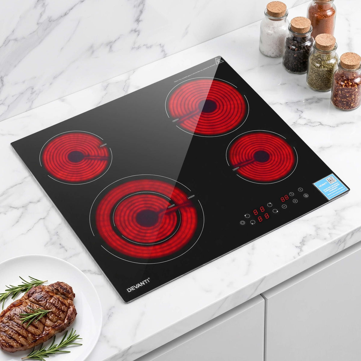 Devanti Ceramic Cooktop 5 Cooking Zone 4 Electric Hobs Touch Control 7600W Black - SportZone.co.nz