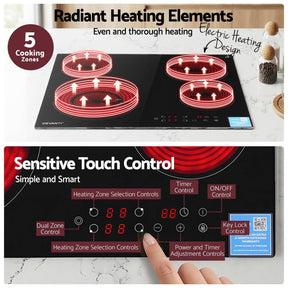 Devanti Ceramic Cooktop 5 Cooking Zone 4 Electric Hobs Touch Control 7600W Black - SportZone.co.nz