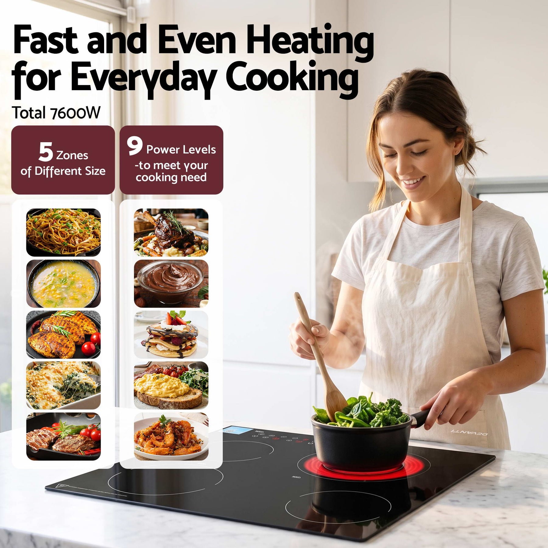 Devanti Ceramic Cooktop 5 Cooking Zone 4 Electric Hobs Touch Control 7600W Black - SportZone.co.nz
