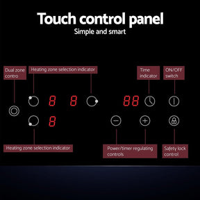 Devanti Electric Ceramic Cooktop 60cm Kitchen Cooker 4 Burner Hob Touch Control 5200W - SportZone.co.nz