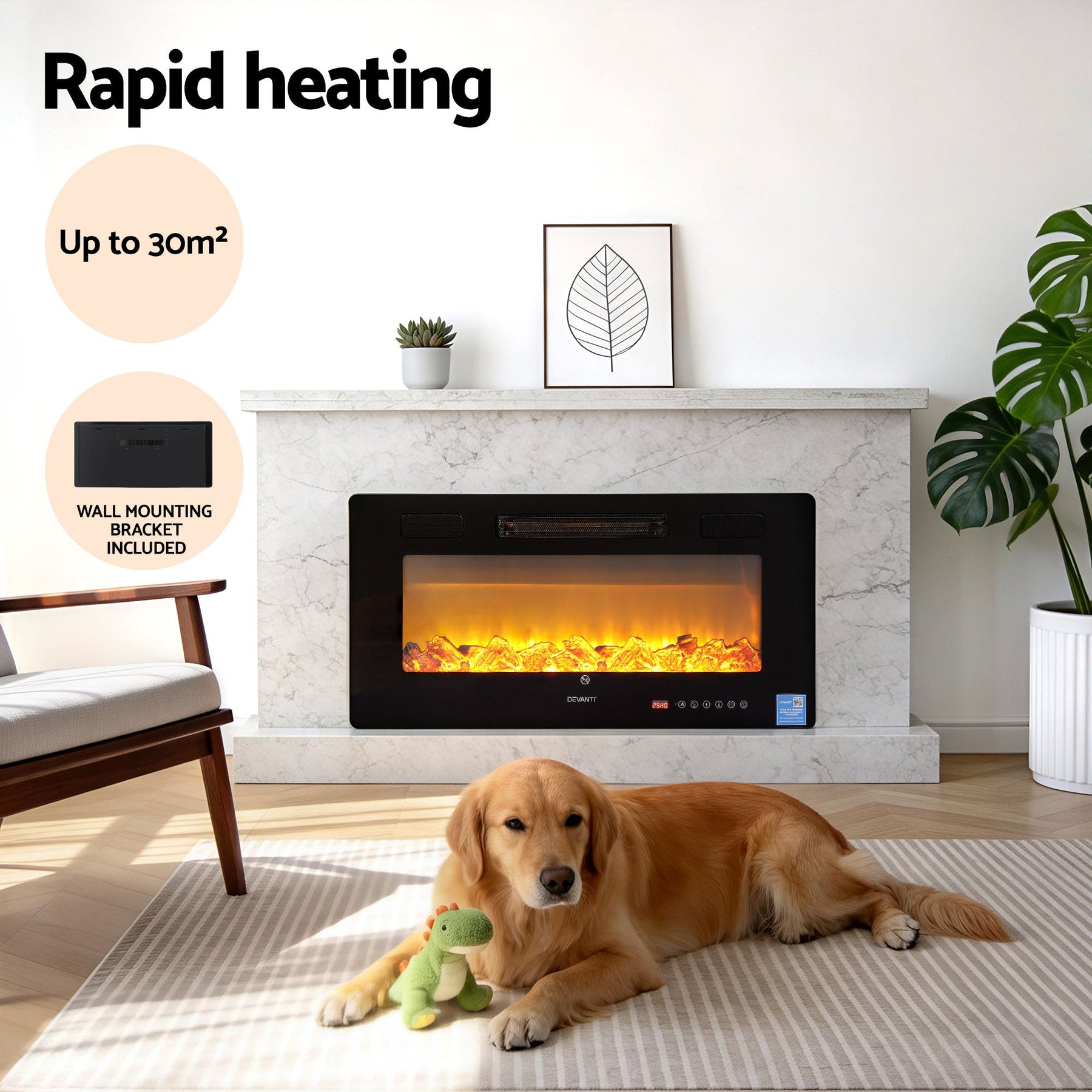 Devanti Electric Fireplace Fire Heater Wall Mounted Insert 3D Flame 1800W Remote Control - SportZone.co.nz