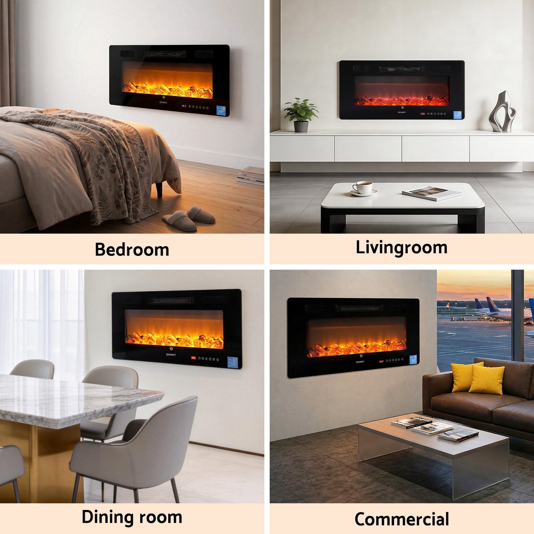 Devanti Electric Fireplace Fire Heater Wall Mounted Insert 3D Flame 1800W Remote Control - SportZone.co.nz