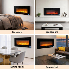 Devanti Electric Fireplace Fire Heater Wall Mounted Insert 3D Flame 1800W Remote Control - SportZone.co.nz