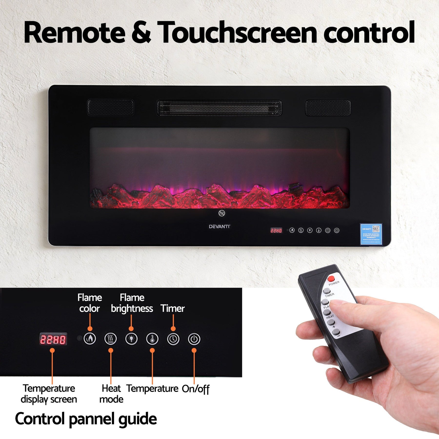 Devanti Electric Fireplace Fire Heater Wall Mounted Insert 3D Flame 1800W Remote Control - SportZone.co.nz