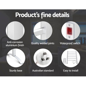 Devanti Electric Heated Towel Rail Rack 6 Bars Freestanding Clothes Dry Warmer - SportZone.co.nz