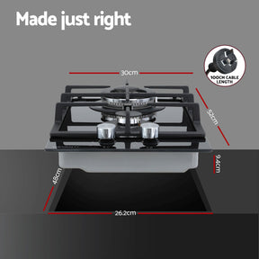 Devanti Gas Cooktop 30cm 2 Burner Built - in Stove Glass Cook Top NG LPG Wok Burner - SportZone.co.nz