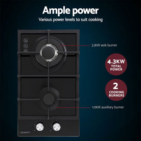 Devanti Gas Cooktop 30cm 2 Burner Built-in Stove Glass Cook Top NG LPG Wok Burner - SportZone.co.nz
