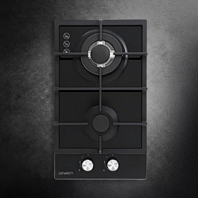Devanti Gas Cooktop 30cm 2 Burner Built - in Stove Glass Cook Top NG LPG Wok Burner - SportZone.co.nz