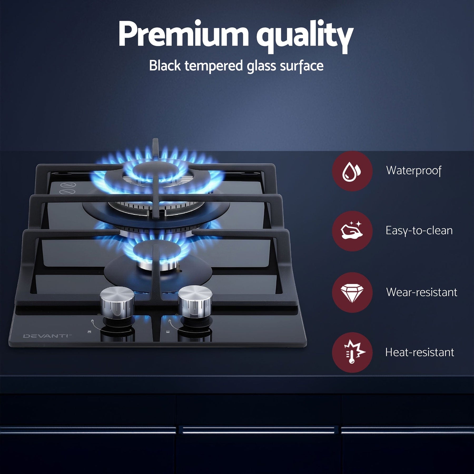Devanti Gas Cooktop 30cm 2 Burner Built - in Stove Glass Cook Top NG LPG Wok Burner - SportZone.co.nz