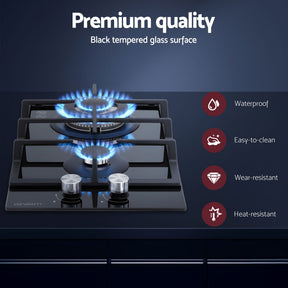 Devanti Gas Cooktop 30cm 2 Burner Built - in Stove Glass Cook Top NG LPG Wok Burner - SportZone.co.nz