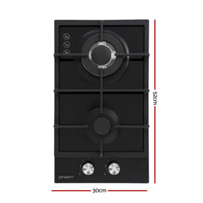 Devanti Gas Cooktop 30cm 2 Burner Built - in Stove Glass Cook Top NG LPG Wok Burner - SportZone.co.nz