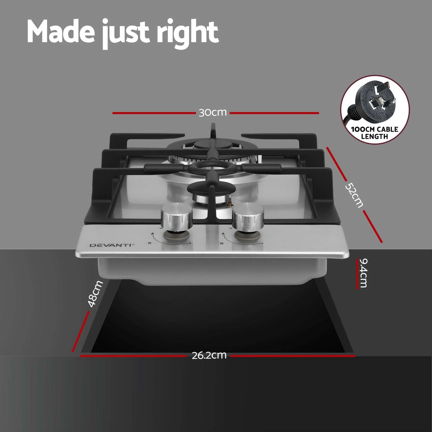 Devanti Gas Cooktop 30cm 2 Burner Silver - SportZone.co.nz