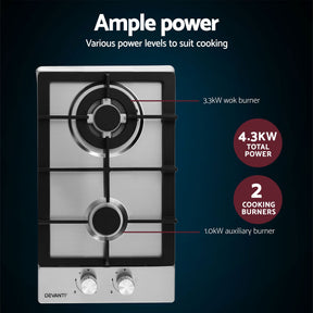 Devanti Gas Cooktop 30cm 2 Burner Silver - SportZone.co.nz
