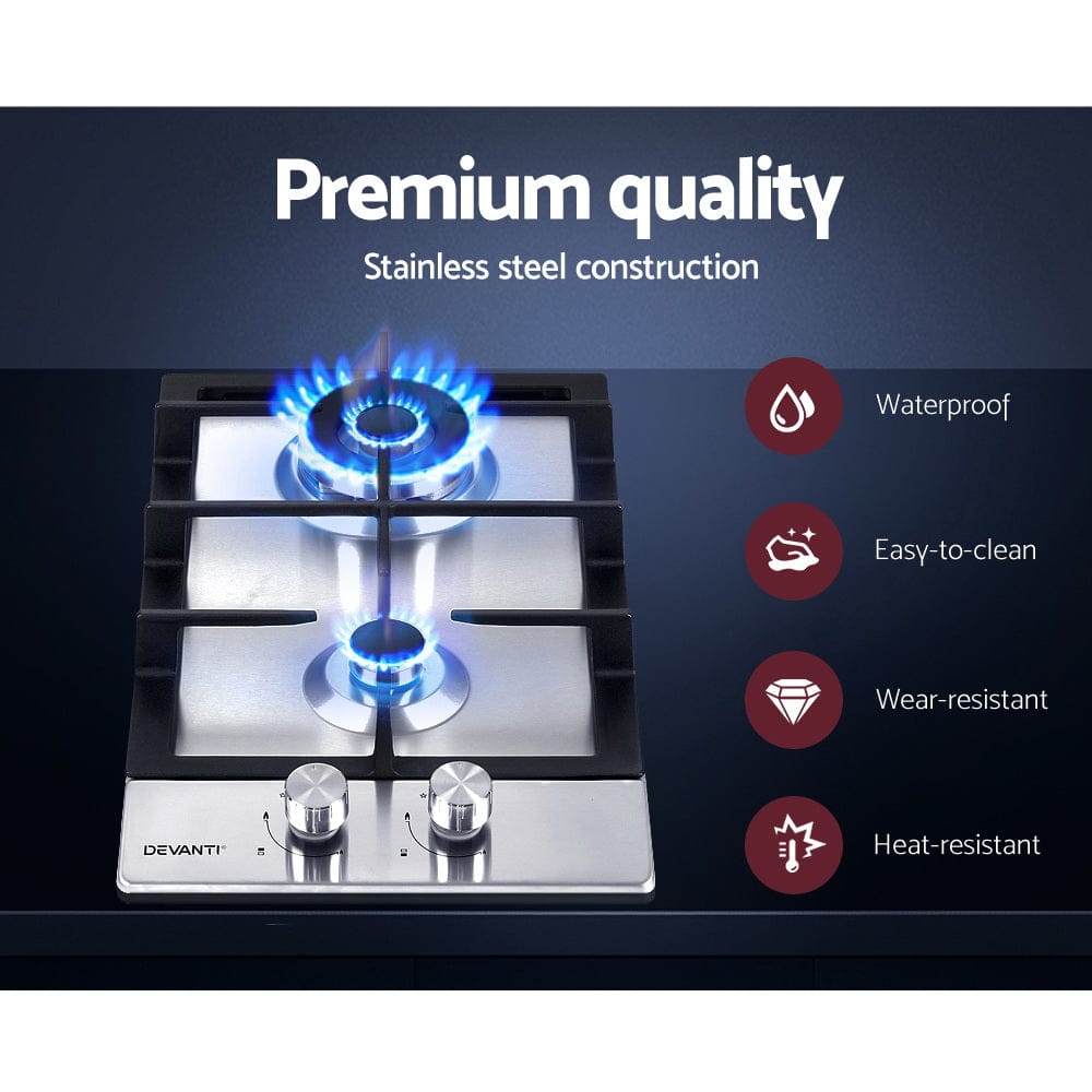 Devanti Gas Cooktop 30cm 2 Burner Silver - SportZone.co.nz