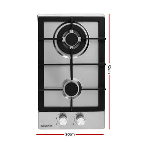 Devanti Gas Cooktop 30cm 2 Burner Silver - SportZone.co.nz