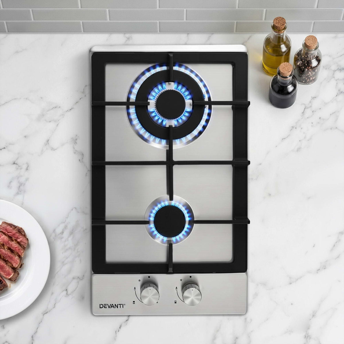 Devanti Gas Cooktop 30cm 2 Burner Silver - SportZone.co.nz
