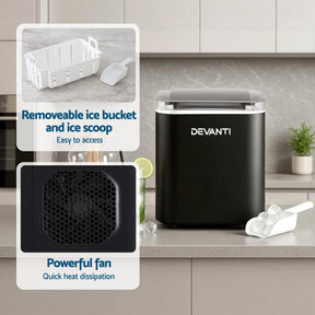 Devanti Ice Maker Machine Portable 12kg Countertop w/Self Cleaning 1.2L Black - SportZone.co.nz