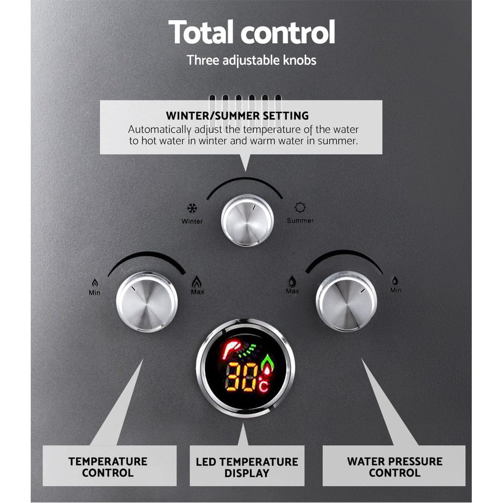 Devanti Portable Gas Water Heater 8L/Min LPG System Grey - SportZone.co.nz