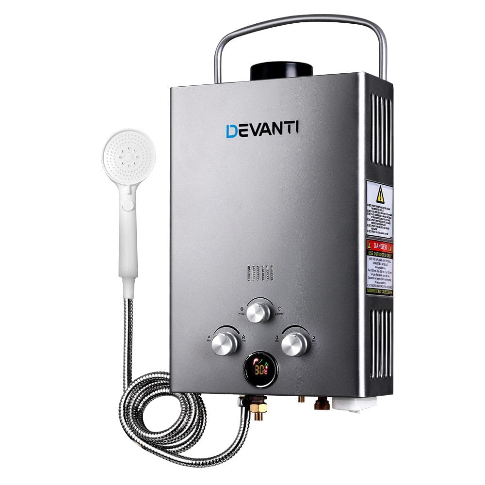 Devanti Portable Gas Water Heater 8L/Min LPG System Grey - SportZone.co.nz