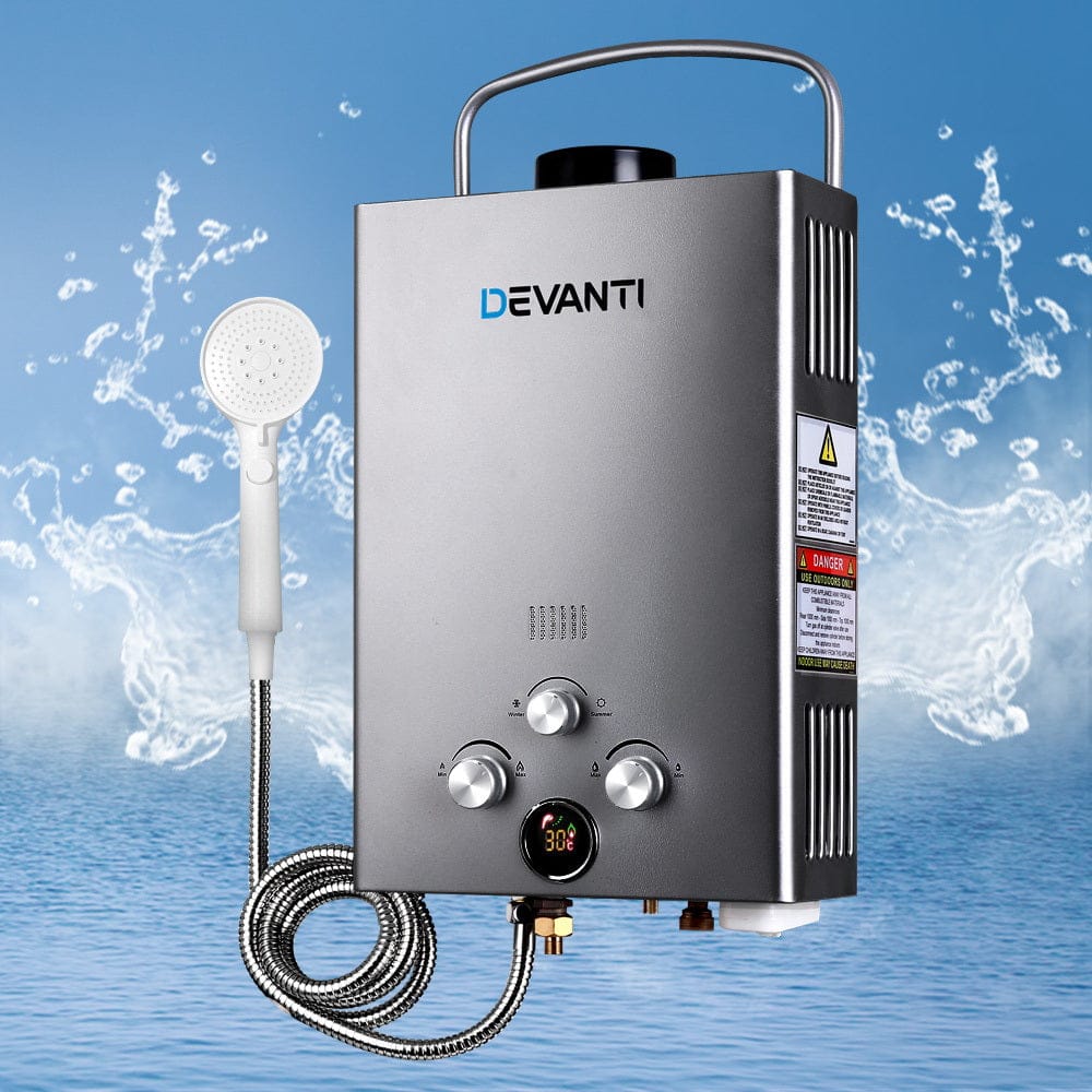 Devanti Portable Gas Water Heater 8L/Min LPG System Grey - SportZone.co.nz