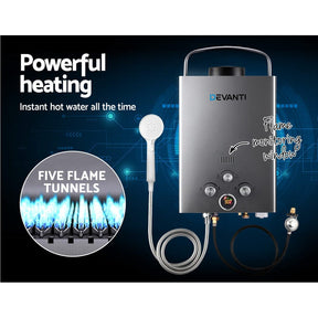 Devanti Portable Gas Water Heater 8L/Min LPG System Grey - SportZone.co.nz
