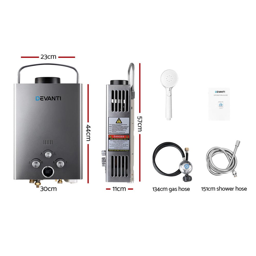Devanti Portable Gas Water Heater 8L/Min LPG System Grey - SportZone.co.nz