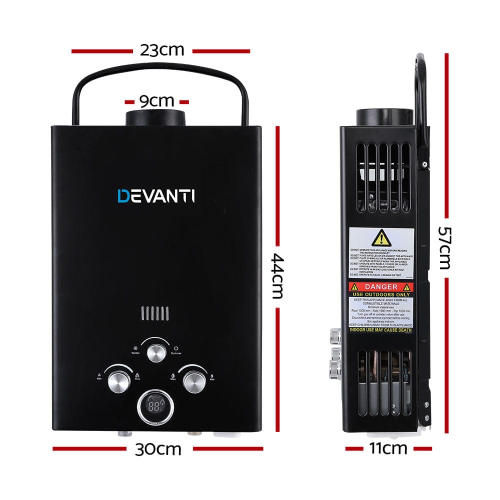 Devanti Portable Gas Water Heater 8L/Min With Pump LPG System Black - SportZone.co.nz
