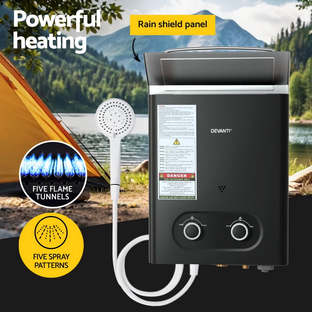 Devanti Portable Gas Water Heater LPG - powered System Black With Pump - SportZone.co.nz