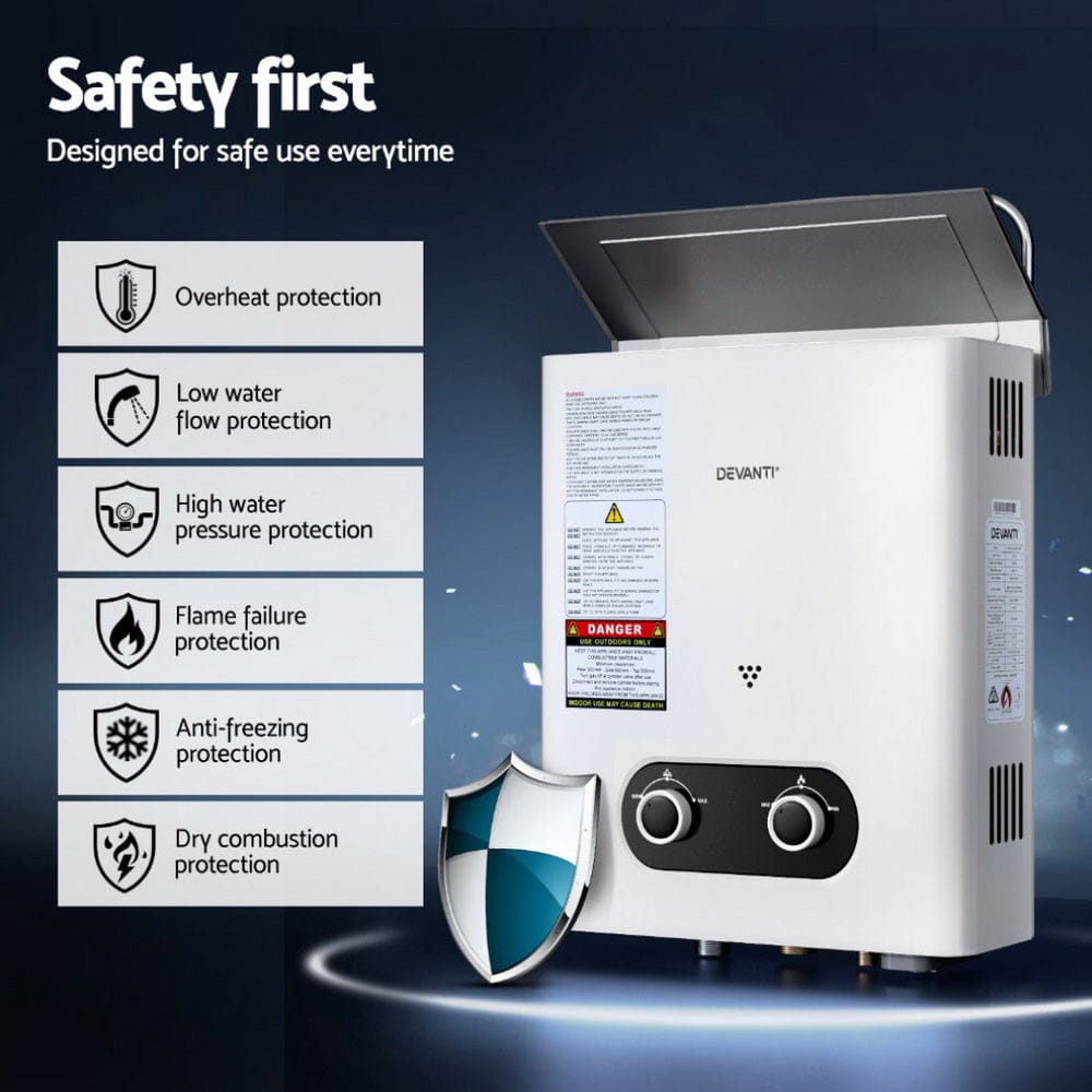 Devanti Portable Gas Water Heater LPG Powered System - White - SportZone.co.nz