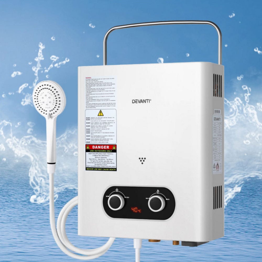 Devanti Portable Gas Water Heater LPG Powered System - White - SportZone.co.nz