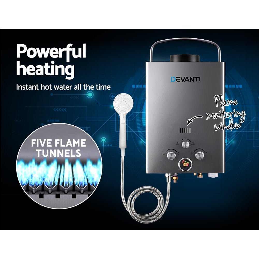 Devanti Portable Gas Water Heater With Pump LPG System Grey - SportZone.co.nz