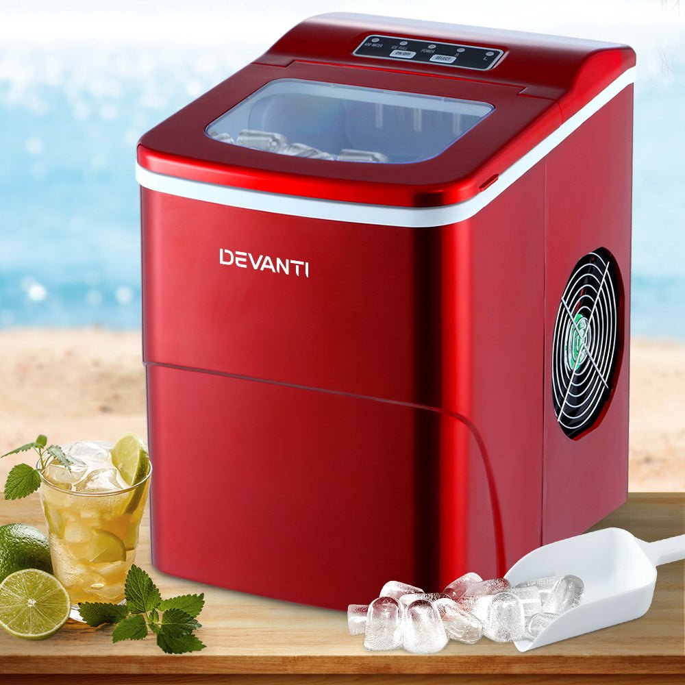 DEVANTi Portable Ice Cube Maker Machine 2L Home Bar Benchtop Easy Quick Red - SportZone.co.nz
