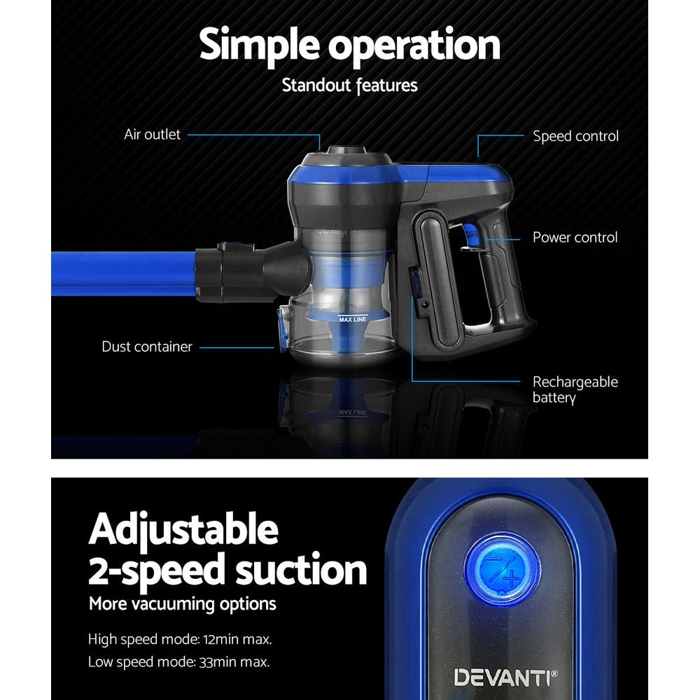 Devanti Stick Vacuum Cleaner Brushless Cordless 250W Blue - SportZone.co.nz